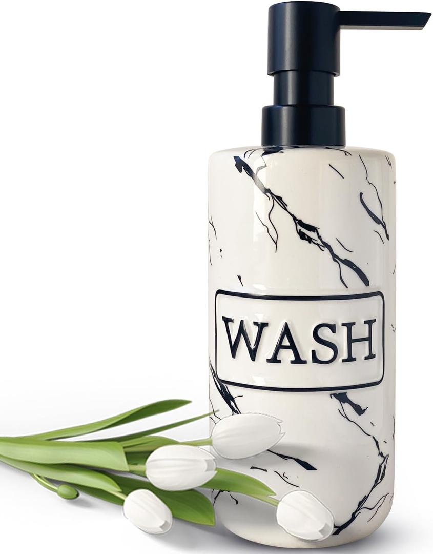 Marble Pattern Soap Dispenser for Bathroom Countertop with Plastic Pump,Ceramic Soap Dispenser for Kitchen,500ml Large Capacity Soap Dispenser,Refillable Liquid Soap Dispenser (Black)