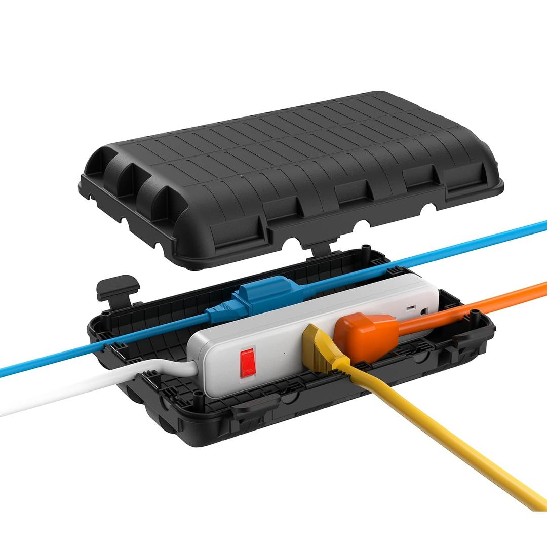 Outdoor Electrical Box(9.05x6.61x2.67inch), IP54 Waterproof Extension Cord Cover 9 Cable Entry Ports Connection Hider Box Safety Protector, Protect Plug, Holiday Light, Timer, and Power Strip, Black