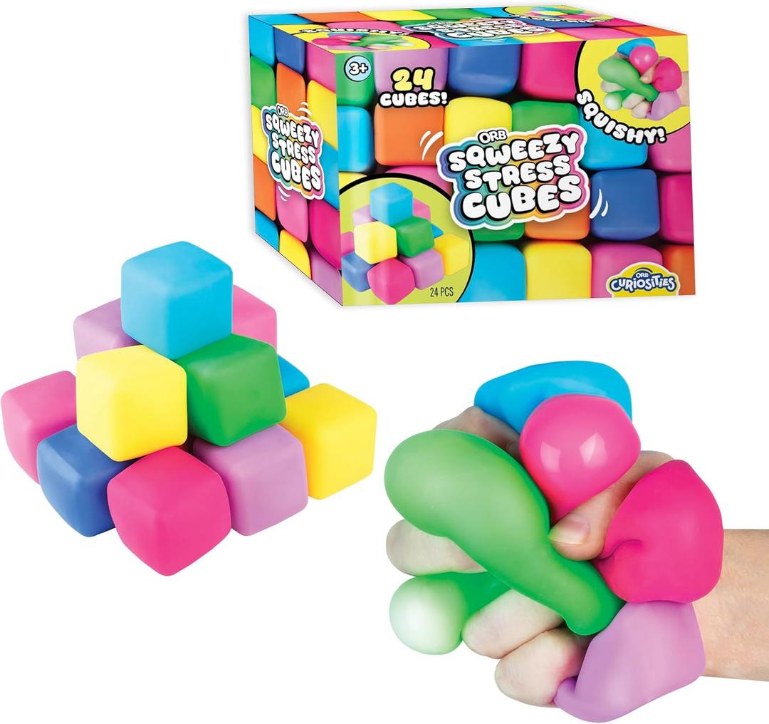 ORB 24 Pack Slow Rising Squishy Stress Cubes - Easy Sqweezy Squishy Cubes - Soft Dough Stress Balls and Fidgets for Anxiety and Stress Relief - Classroom Rewards, Party Favors for Kids, Teens, Adults