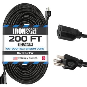 Iron Forge Cable 200 Ft Black Extension Cord, 16/3, 200 Foot Extension Cord, 3 Prong, Weatherproof - Great for Outside Use