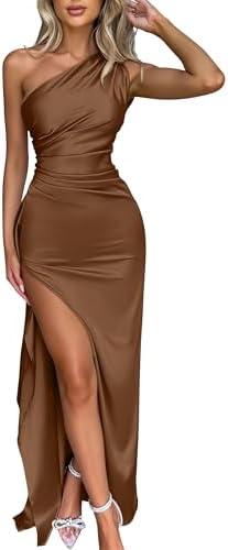 Memoriesea Women's Sexy One Shoulder High Split Cocktail Wedding Party Maxi Dress (Brown, Small)