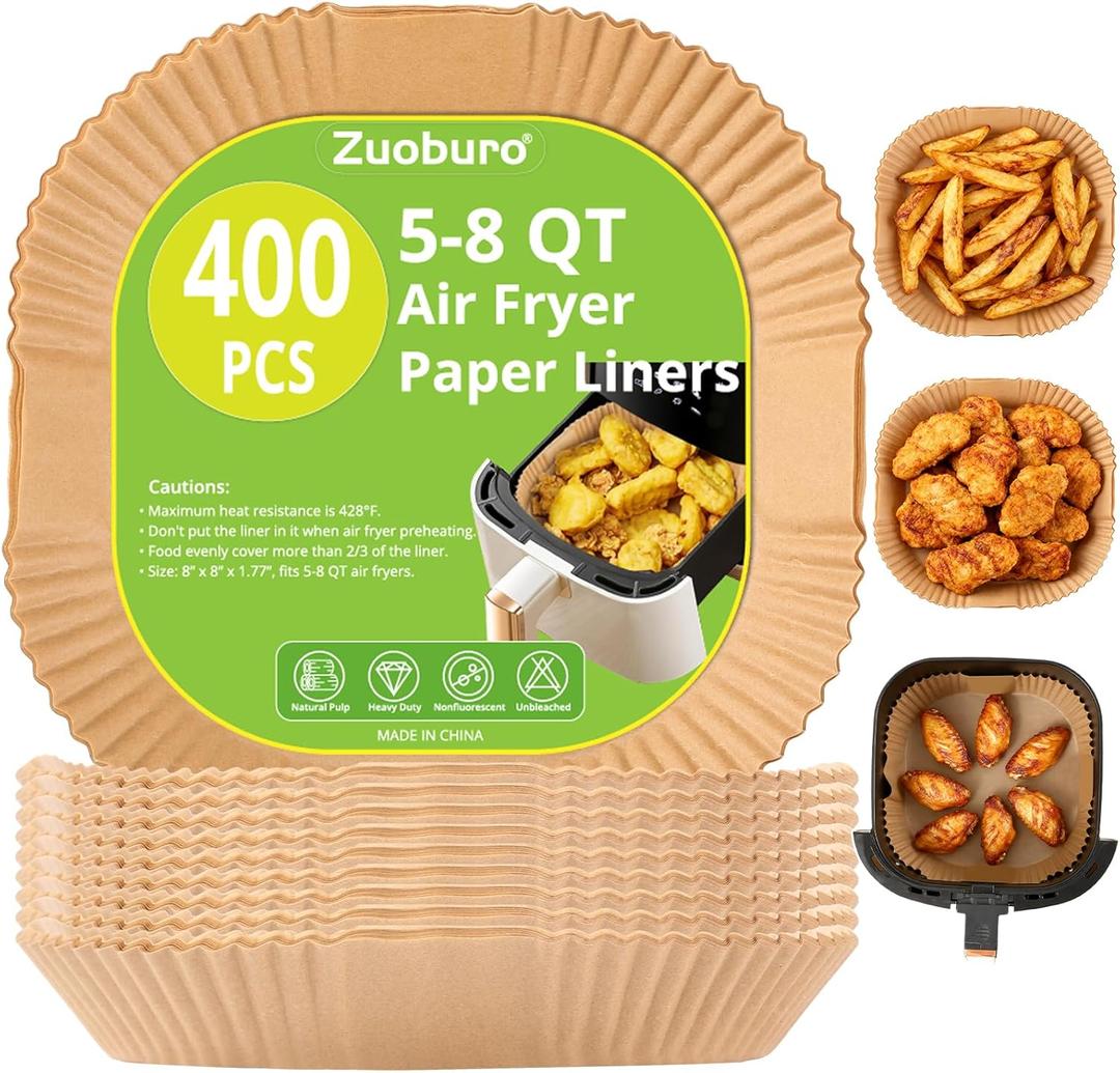 400Pcs Air Fryer Paper Liners, 5-8 QT Air Fryer Disposable Unbleached Non-Stick Parchment Paper Liner, Square 8 inch Baking Liner