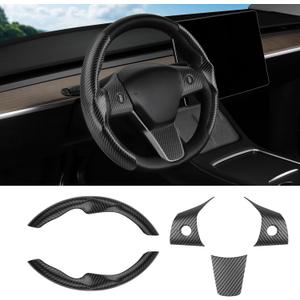 Steering Wheel Cover for Tesla Model 3/ Model Y Carbon Fiber Steering Wheel Wrap Kit Anti-Slip Steering Wheel Trim Protector Sticker Decoration Interior Accessories Black 5PCS