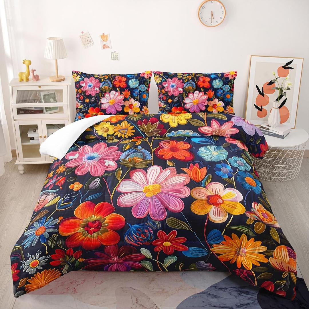 Colorful Flower Comforter Set Twin Size 3 PCS Bed in a Bag,Cute Floral Bedding Set for Girls Teens,Ultra Soft Microfiber Comforter Bed Set with 3-Pieces, Floral Bedroom Decor with Pillowcases
