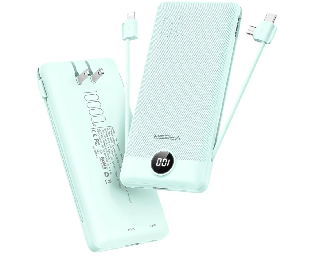 VEGER Portable Charger with Built-in AC Plug and Cables, All in One 10000mAh Ultra Slim Power Bank Travel Essentials, 15W Fast Charging Battery Pack Compatible with iPhone, Samsung, Android (Green