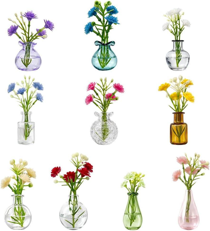 Mini Vase Magnets for Fridge, 10pack Cute Tiny Magnetic Glass Vases Refrigerator Accessories, Real Flowers Pot Magnet, Funny Aesthetic Plant Pot Locker Office Kitchen Decoration, Small Magnet Bud
