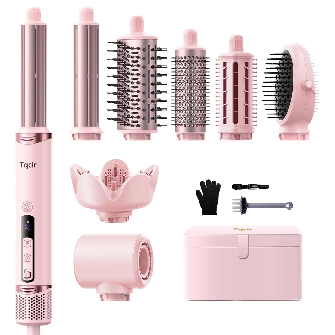 8-in-1 Professional Hot Air Styler&Hair Dryer Brush, Powerful Multi-Styler with Auto-Wrap Curler with Storage Case, Fast Drying Curling Straightening Volumizing Without Heat Damage(Pink)