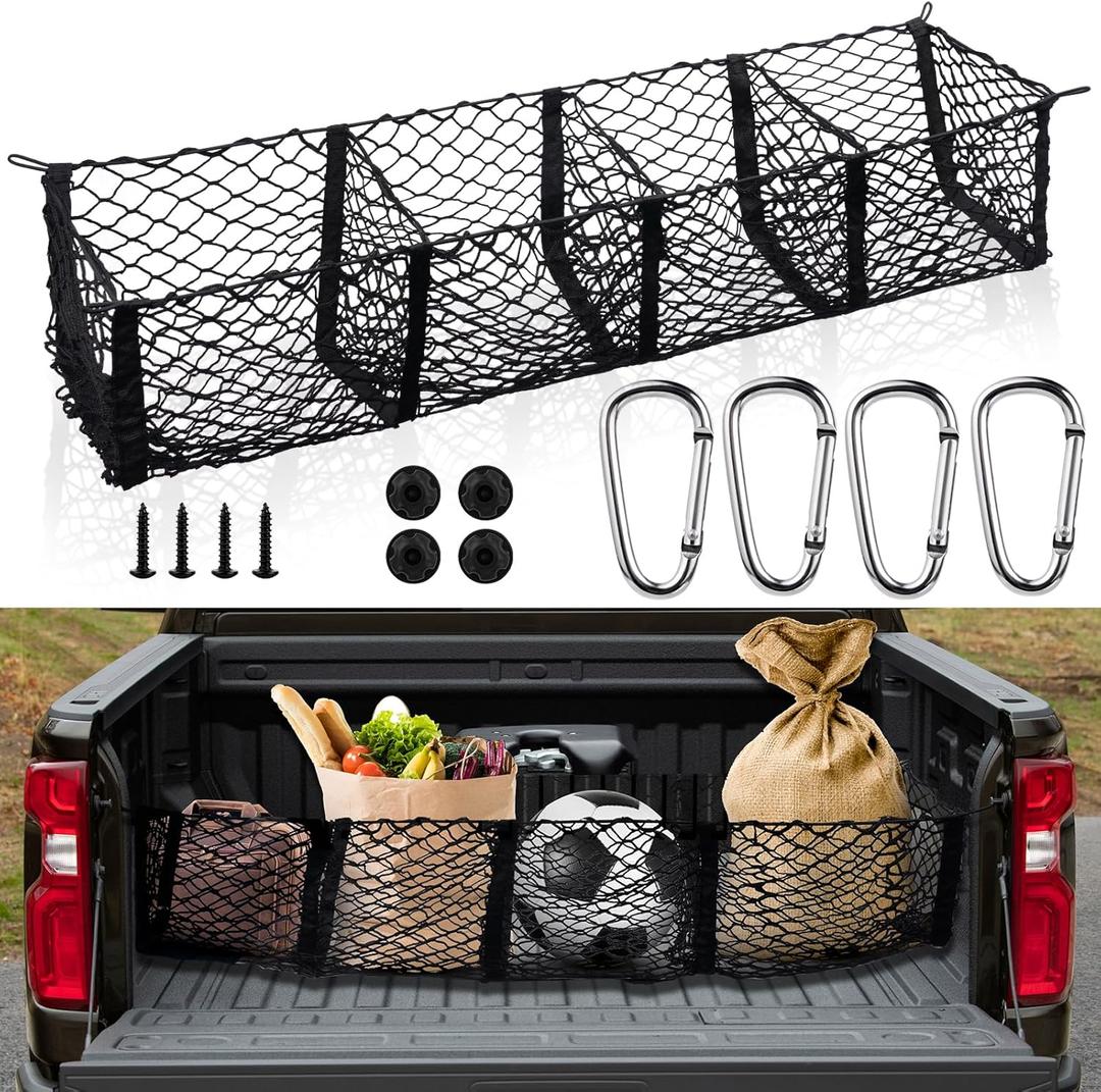 Grocery Net for Truck Bed  Heavy Duty 4-Pocket Cargo Net for Pickup Truck, Elastic Stretchable Truck Bed Storage Net Prevents Groceries from Sliding, Universal Fit for SUV F-150 Tacoma Silverado RAM (1pcs of 59)