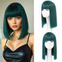 Dark Green Bob Wig With Bangs - Heat Resistant 14Inch Synthetic Hair, Short Straight Shoulder Length Natural-Looking Cosplay Wig for Daily Use, Parties & Women Girls