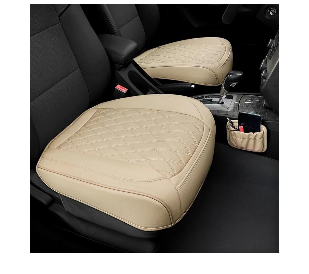 2 Pack Leather Front Car Seat Cover Bottom Car Seat, Anti-Slip and Full Wrap Driver Car Seat Protectors with Storage Pocket, Luxury Waterproof Bottom Auto Seat Cushion for Most Vehicles(Yellow Beige)