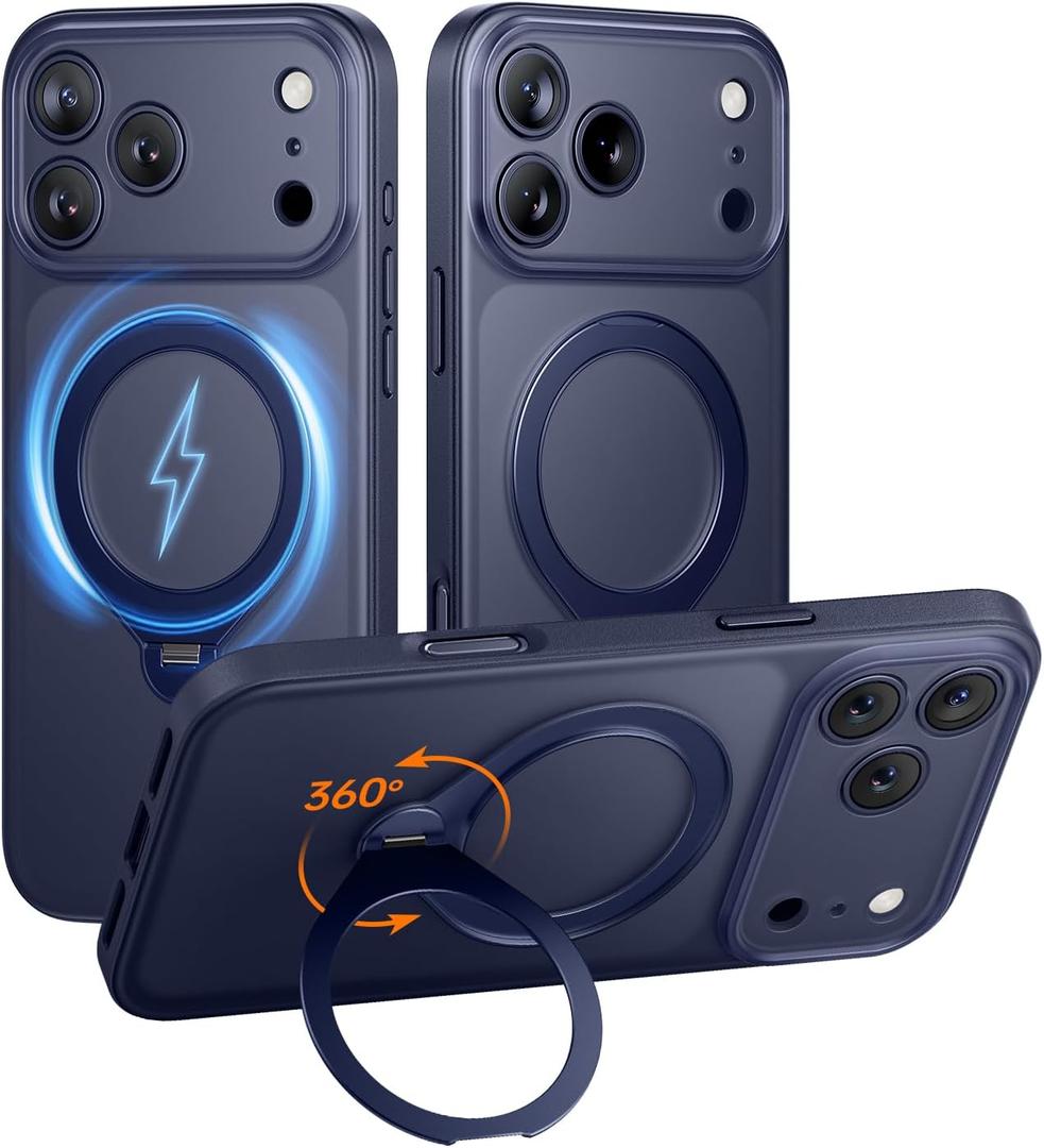 Dmzlh Magnetic for iPhone 17 Pro Max Case with Stash Stand, Military Grade & Full Camera Protection, Compatible with MagSafe, Anti-Slip, Translucent Matte (Blue)