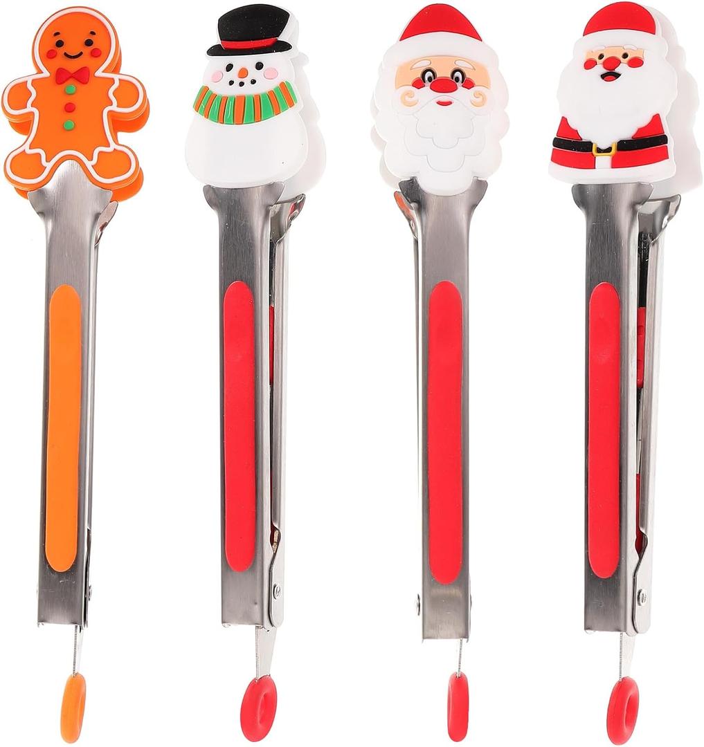 BESTonZON 4pcs Christmas Stainless Steel Food Tongs, Mini Tong Santa Snowman Gingerbread Man Style with Silicone Tips for Xmas Party
