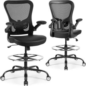 Drafting Chair Tall Office Chair 300lbs Ergonomic Standing Desk Chair with Lumbar Support and Adjustable Footrest Ring, Comfy Mesh Rolling Chair with Flip-up Armrests, Black