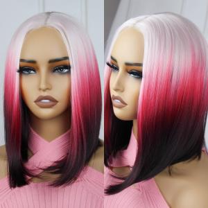 QDBOWIN Wear Go Glueless Ombre Pink To Red Wig for Women Straight Lace Front Wigs Short Hair Bob Lace Wig (14 Inch, Strawberry cake)