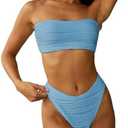 ZAFUL Women Strapless Textured Bandeau Bikini 2 Piece Swimwear Cheeky Solid Lace up Bathing Suits Size Large