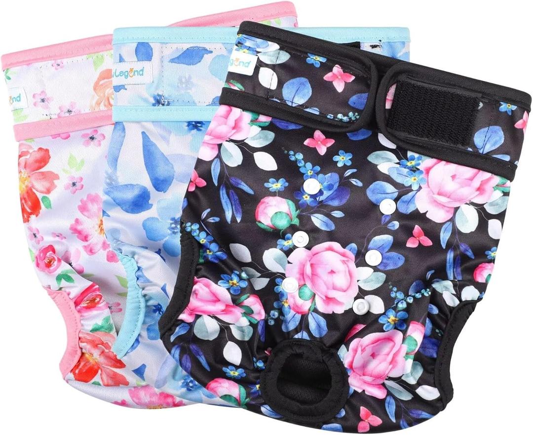 Paw Legend Washable Reusable Female Dog Period Diapers for Heat Doggie Puppy Diapers for Female Dogs (3 Pack, Small) (Small (11.5''-15'' Waist), Peony Flower)