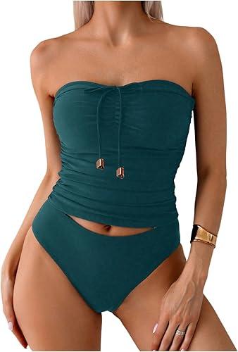 SweatyRocks Women's Swimsuit Ruched Strapless Bandeau Bikini Sets 2 Piece Bathing Suit XL