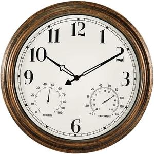 16 Inch Large Outdoor Wall Clock,Waterproof Vintage Non-Ticking Clock with Thermometer and Hygrometer Combo,Battery Operated Clock Wall Decorative- Bronze