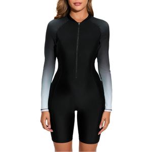 Halcurt Women's Boyleg One Piece Rash Guard with Built in Bra Zip Front UPF50+ Long Sleeve Full Body Surfing Swimsuit (Medium, Black/Ombre Gray Black)