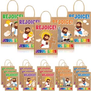 Shinylin 20 Pcs Easter Religious Gift Bags Bulk Christian Kraft Paper Rejoice Goody Bags with Handles Eggs Hunt Easter Theme Bible Sunday School Party Favor