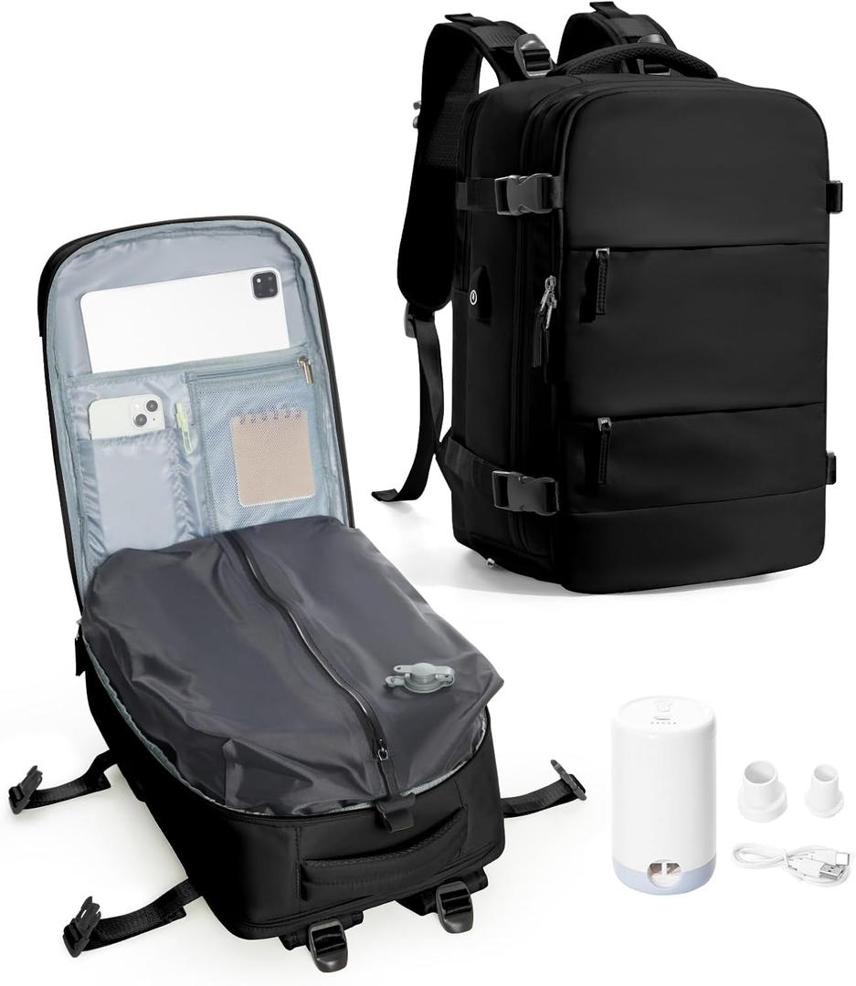 Vacuum Backpack Travel with Pump,Vacuum Seal Travel Backpack,Flight Approved 18x14x8 inches Personal Item Bag for Men,Mochila Compresion al vacio Laptop Backpacks, Black (Large)