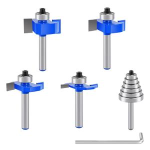 4 Pcs Rabbeting Router Bits Set 1/4 Inch Shank, Carbide Tipped Rabbet Router Bit with 6 Bearings Set, Router Accessories Interchangeable Adjustable Multi Depths Cutter for Cutting Rabbet Slots