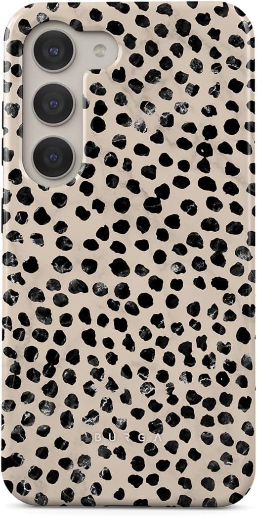 BURGA Phone Case Compatible with Samsung Galaxy S23 Plus - Hybrid 2-Layer Hard Shell + Silicone Protective Case -Black Polka Dots Pattern Nude Almond Latte - Scratch-Resistant Shockproof Cover