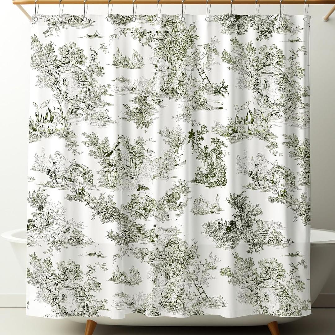 Mindsoft Vintage French Frog Toile Shower Curtain Cotton Print Curtain with 12 Metal Hooks Waterproof Bathroom Decor for Kitchen 18th Century Style Home Bath Accessories(Green,72 x 84 Inch)