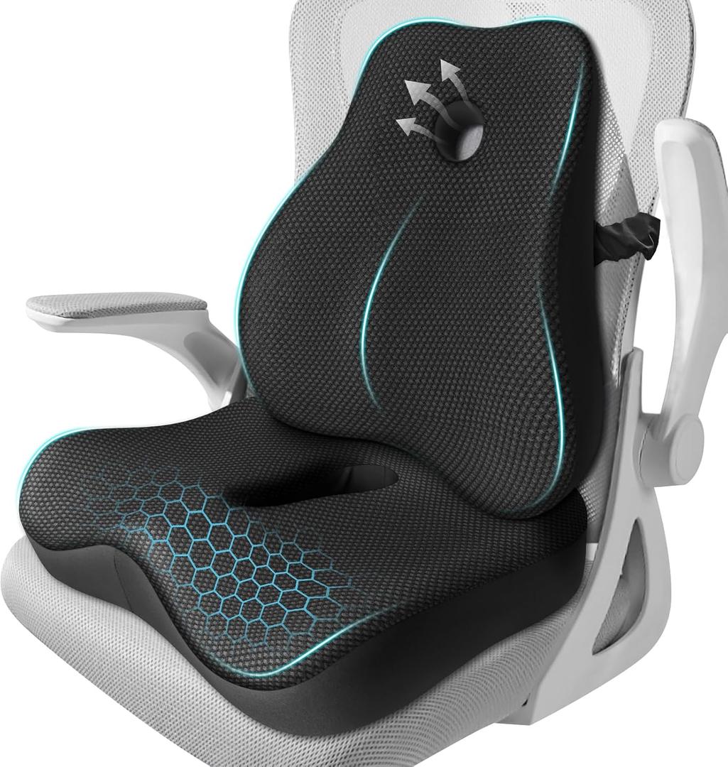 Seat Cushion, Lumbar Support Pillow for Office Chair, Memory Foam Coccyx Seat Cushion, Ergonomic Mesh Back Support Pillow, Office Desk Chair Cushion for Sciatica, Back&Tailbone Pain Relief, Black