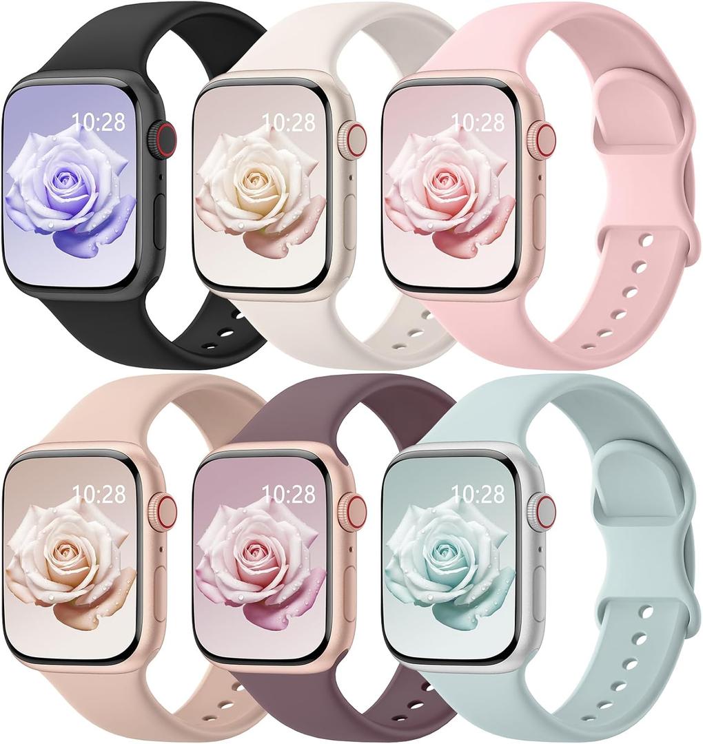 Patenting 6 Pack Sport Bands Compatible with Apple Watch Bands for Women Men 42mm(Series 11 10)/38mm/40mm/41mm, Soft Silicone Waterproof Strap for iWatch Apple Watch Series 10 9 Ultra 8 7 6 5 4 3 2 1 SE (Black/ Starlight/ Pink Sand/ Milk Tea/ Smoke Violet/ Succulent)