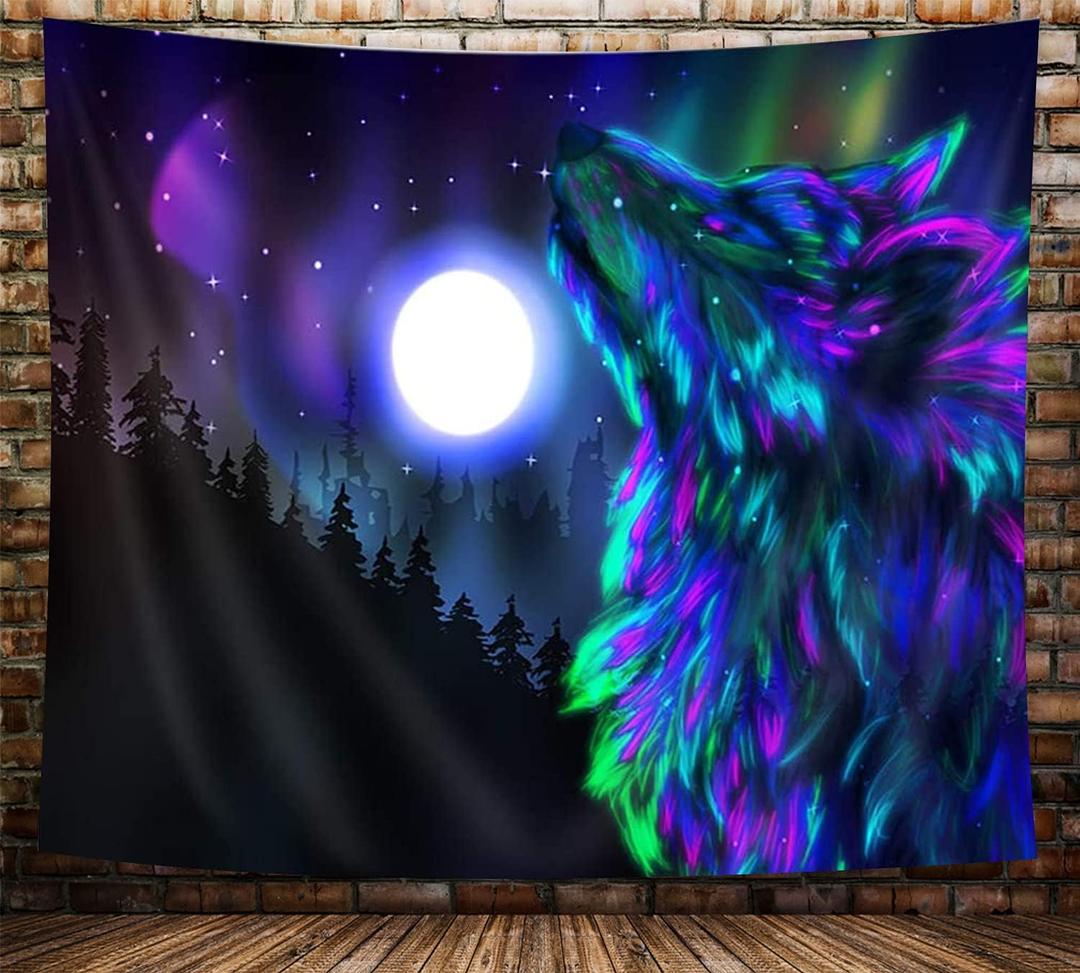 Wolf Moon Tapestry, Colorful Cool Psychedelic Wolf Poster Tapestry Wall Hanging, Purple Hippie Trippy Tapestry for Bedroom Aesthetic, Wild Animal Wolves in Forest Tapestries for Living Room, 60X40in