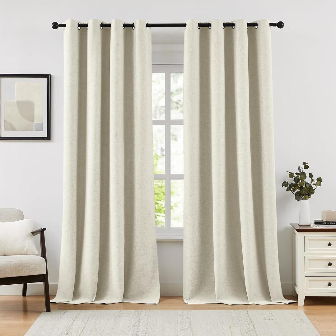 100% Blackout Curtains for Bedroom, Farmhouse Linen Black Out Curtain 84 Inch Length 2 Panels Set, Grommet Thick Textured Window Curtains for Living Room, 52" W x 84" L, Natural