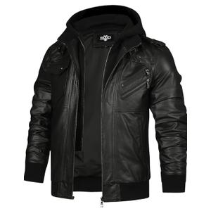 HOOD CREW Men’s Genuine Cowhide Leather Jacket Black Hooded Motorcycle Biker Jacket for Men, XL