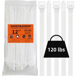 SHEEP&SHEEP White Zip Ties 12 Inch(100 Pieces), Heavy Duty Self-Locking Nylon Cable Ties, 120LBS Tensile Strength, Ideal for Indoor & Outdoor Use