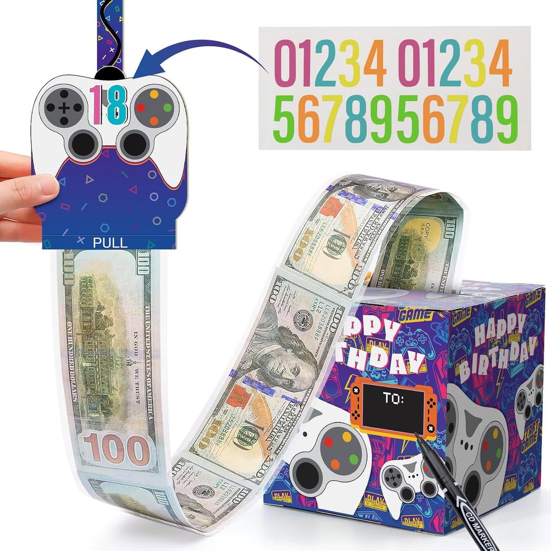 Game Player Gifts Box with Pull Out, Surprise Money Box with Happy Birthday Card and 40Pcs Transparent Bags, DIY Stickers for Any Age 1-100,16,18, A Fun Way to Give Cash to Boys Girls Kids with Assembly Instructions