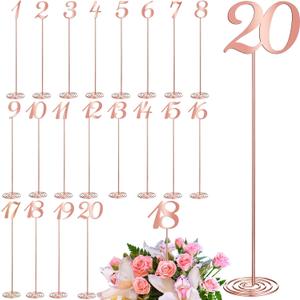 Therwen 20 Pcs Metal Table Numbers 1-20 Table Numbers for Wedding Reception 12 Inch Stainless Steel Party Desk Figure with Sturdy Holder Base for Banquet Wedding Party Event Catering(Rose Gold)