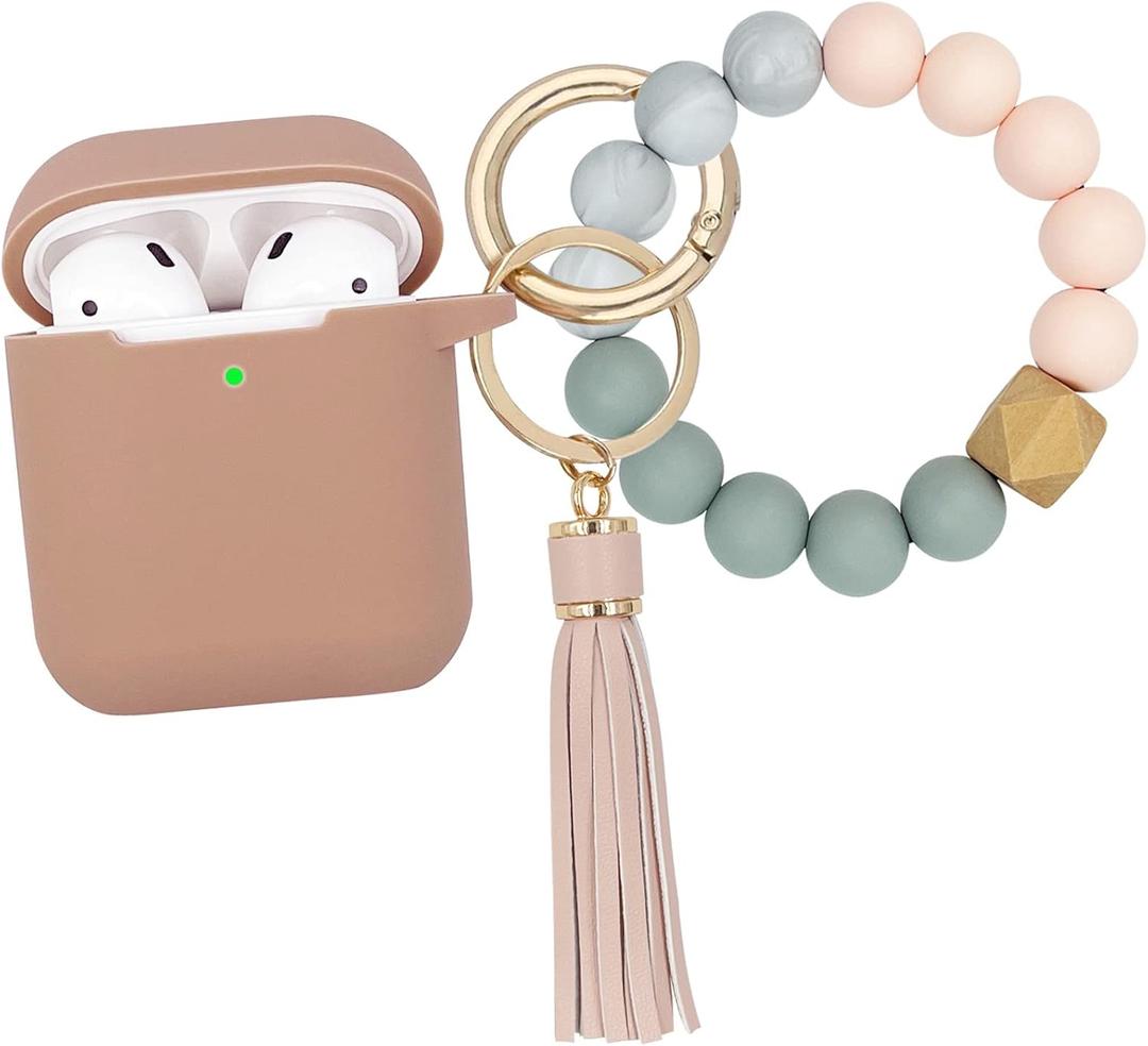 Compatible with AirPods Case Cover, Soft Silicone Protective Cover with Bracelet Keychain, Compatible with Apple AirPods 2nd 1st Generation Charging Case (Milk Tea)