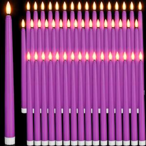 Handepo 48 Pack Flameless Taper Candles Realistic with Yellow Flickering Candlelights Plastic 11 Inch Last Long Battery Operated Window Candlestick for Halloween Christmas(Purple)