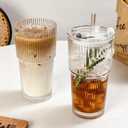 2 Pack Iced Coffee Cup with Lids, 20oz Clear Glass Tumbler with Straw & Lid, Ribbed Glassware Cups, Dishwasher Safe Drinking Glasses, Stylish Glass Cups for Coffee, Juice, Tea, Matcha