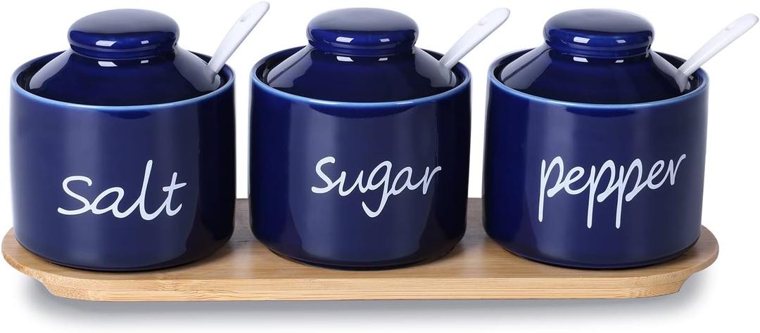 ONTUBE Farmhouse 8oz, Sugar Pepper and Salt Bowls with Lid and Spoon, Ceramics Condiment Pots,Seasoning Jar Spice Container for Kitchen,Dishwasher Safe (Blue)