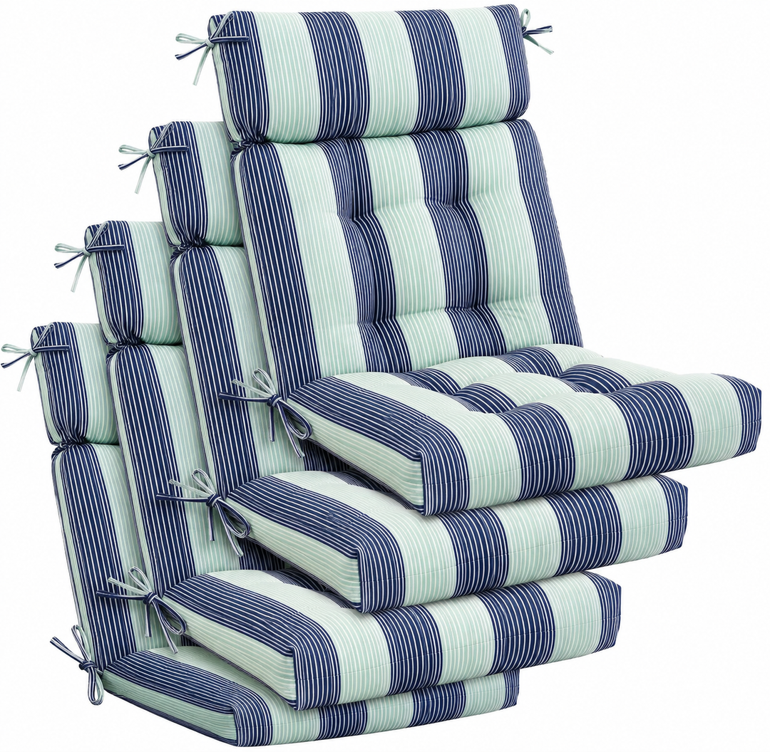 Barydat 4 Pcs Tufted High Back Chair Cushion Indoor Outdoor Seat and Back Cushions Palm Leaves Tropical Plants Lawn Rocking Chair Pads with Ties for Adirondack Patio Garden(Blue Stripes)