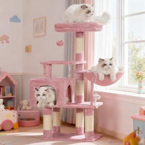 Heybly Cat Tree with Toy, Cat Tower Condo for Indoor Cats, Cat House with Padded Plush Perch, Cozy Hammock and Sisal Scratching Posts, Skin Pink HCT004SP