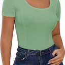 YATHON Womens Ribbed Knit Scoop Neck Basic Tops for Women Fitted Summer Short Sleeve Pleated Tshirt (Medium, Green)