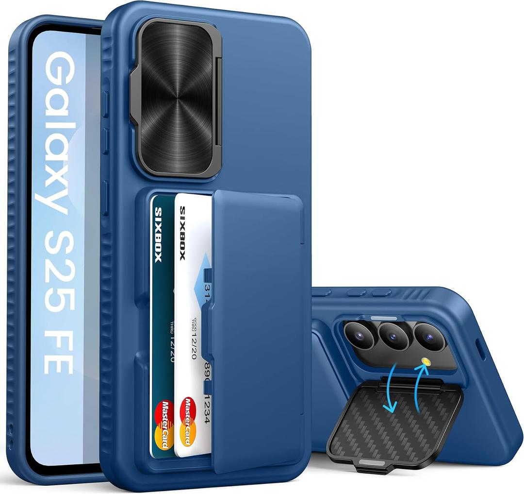 for Samsung Galaxy S25 FE Case with Card Holder, Built-in Stand & Camera Lens Cover, Shockproof Rugged Silicone Raised Edge Protective Wallet Phone Case for Samsung S25 FE 2025, Blue