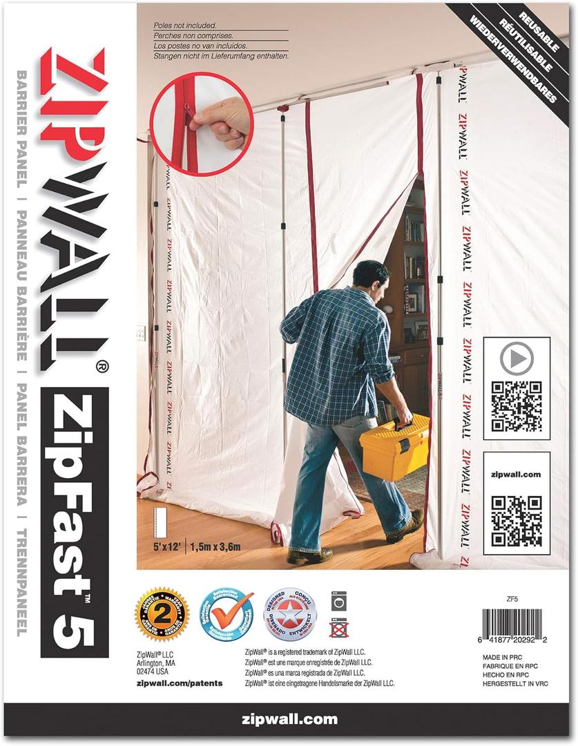 ZipWall ZipFast Reusable Barrier 5' Panel for Dust Barriers, ZF5 , White (1 Count (Pack of 1)) ZipWall ZipFast Reusable Barrier 5' Panel for Dust Barriers, ZF5 , White (1 Count (Pack of 1))