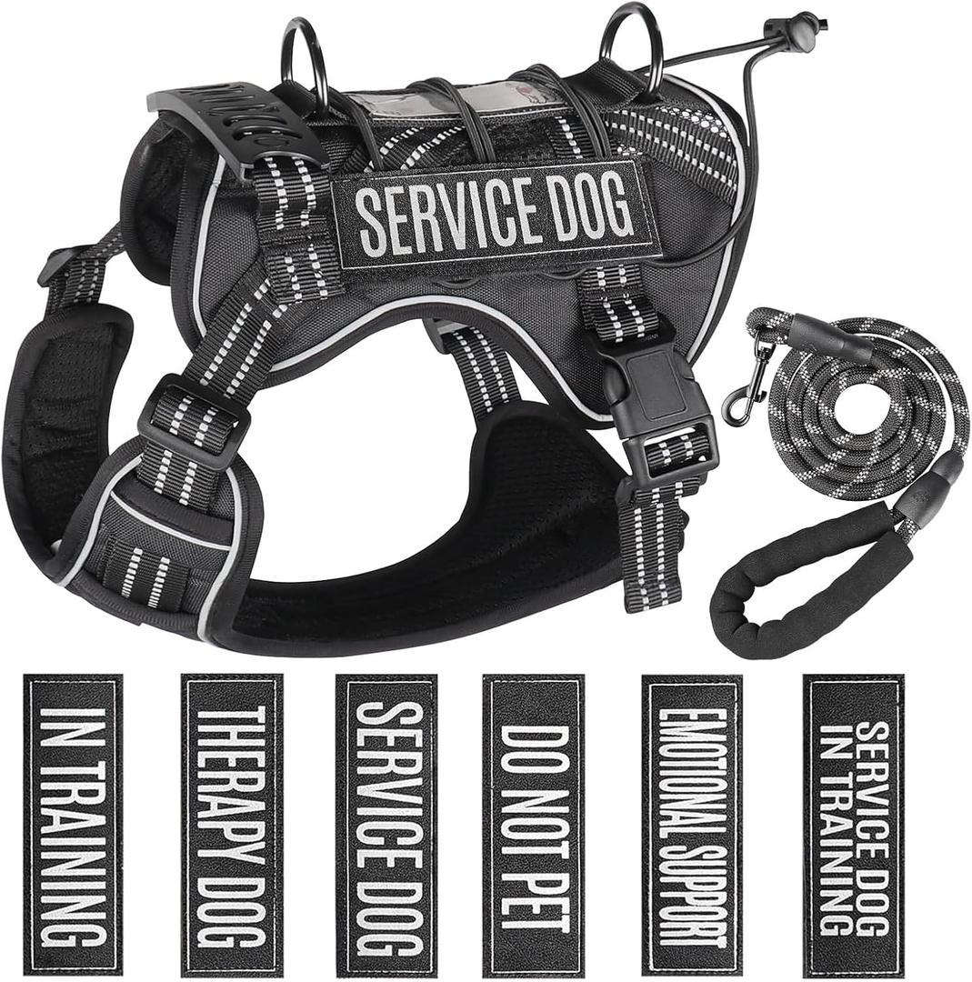 Service Dog Tactical Vest Harness and Leash Set Medium Sized Dog Emotional Support- Tactical Dog Harness Training Collar with Name (Black, L)