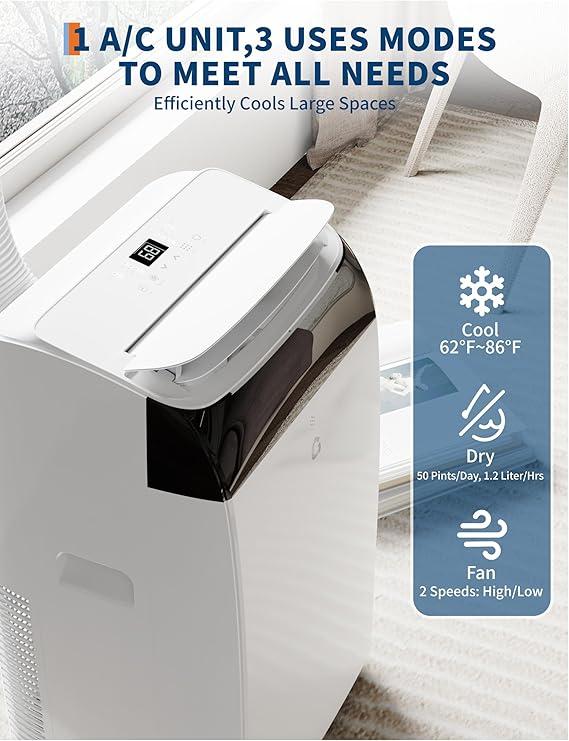 14000 BTU Energy-Efficient Portable Air Conditioner | 3-in-1 Cooling AC with Sleep Mode & Eco-Saving Design | Ventless Floor Unit w/ 3 Speeds Fan, Dehumidifier & Quiet Operation 
Home/Office