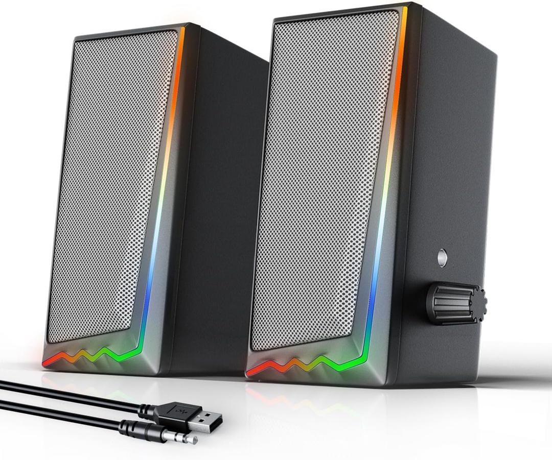 Uakinat Computer Speakers, Desktop Speakers with Various Colorful LED, Gaming Speakers with Volume Control,for PC, AC Adapter Powered and 3.5mm AUX-in Computer Speakers
