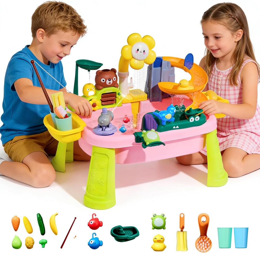 2 x Upgraded Toddler Sand Water Table Toy with Electric Water Pump, Kids Sand Water with Faucet/Play Food Accessories/Fishing Toy, Kitchen Play Sink Toys for Girl Boy Age 3+ (Pink)