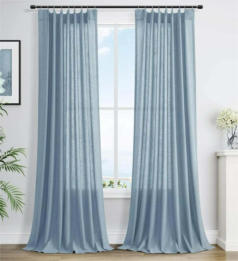 Blue Linen Pleated Curtains 108 Inch Long for Living Room Bedroom 2 Panel Light Filtering Privacy Semi Sheer Window Curtain Modern Farmhouse Coastal Decor Back Tab Clip Rings Drape for Large Window